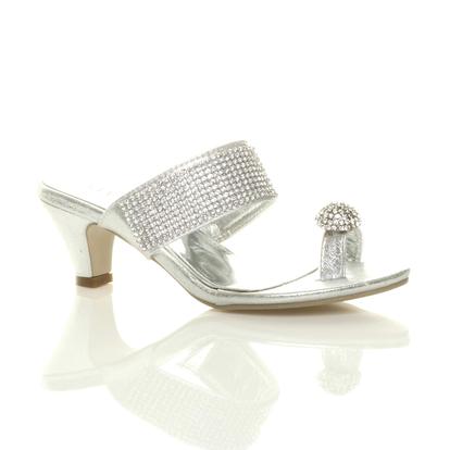 Black Mid Heel Diamante Toe Ring Sandals