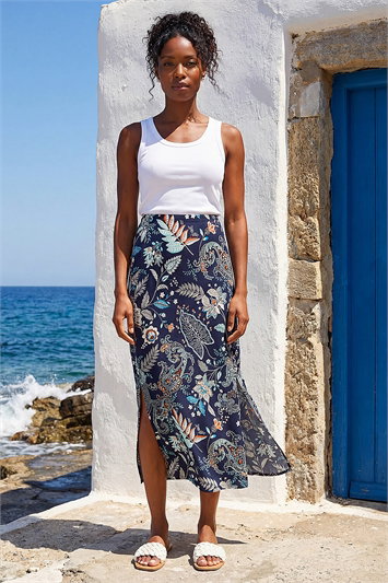 Blue Paisley Print Stretch Midi Skirt