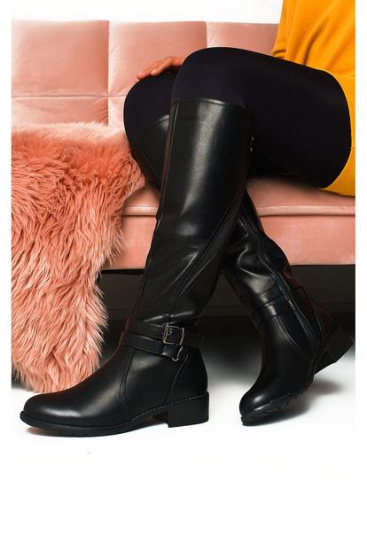 Black Nina Faux Leather Buckle Knee High Boots