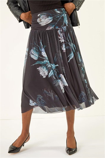 Black Floral Print Mesh Layered Skirt