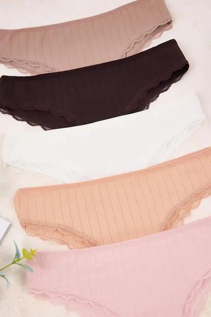 Multi 5 Pack Ribbed Lace Trim Cotton Rich Briefs Set