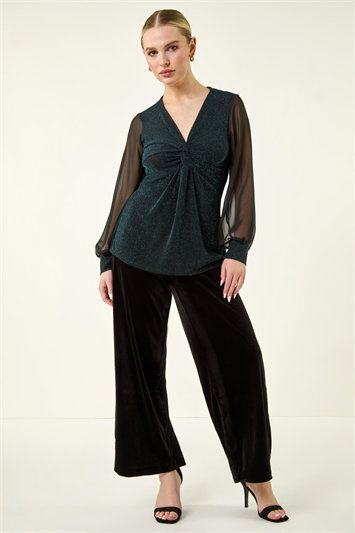 Petite Twist Front Chiffon Sleeve Stretch Top 19243991