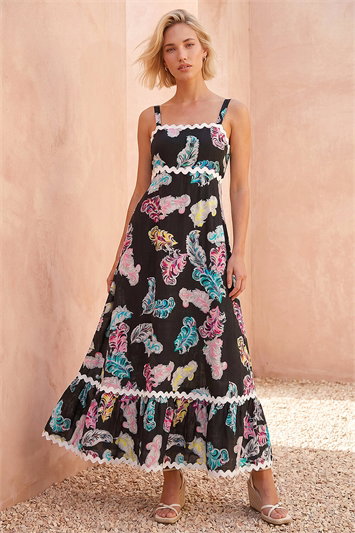 Black Feather Print Ric Rac Maxi Dress