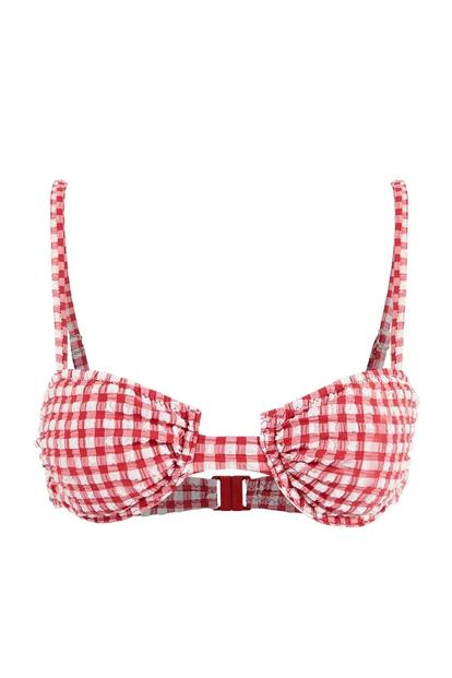 Multi Gingham Textured Padded Balconette Bikini Top With Front Detail