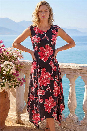 Black Floral Print Stretch Midi Dress
