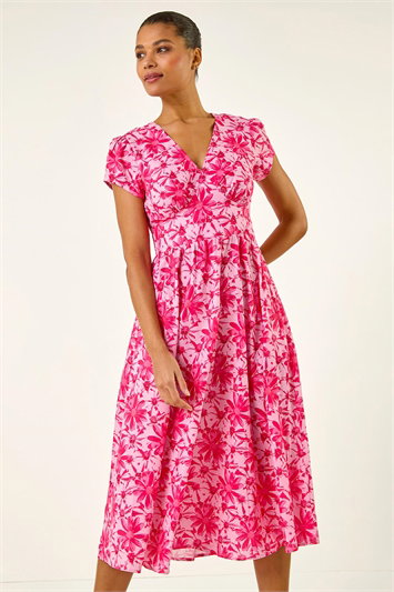 Pink Floral Print Midi Tea Dress