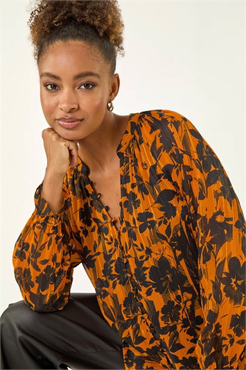 Orange Metallic Floral Buttoned Blouse