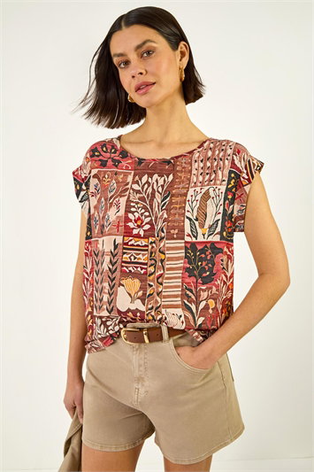 Cream Patchwork Print Shell Top