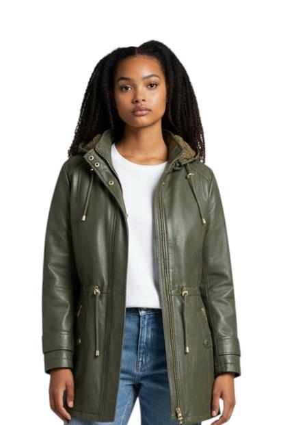 Black Leather Parka Hooded Trench Coat-Emilia