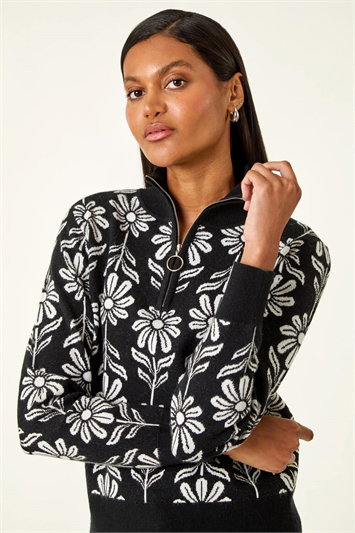 Black Floral Zip Front Jumper