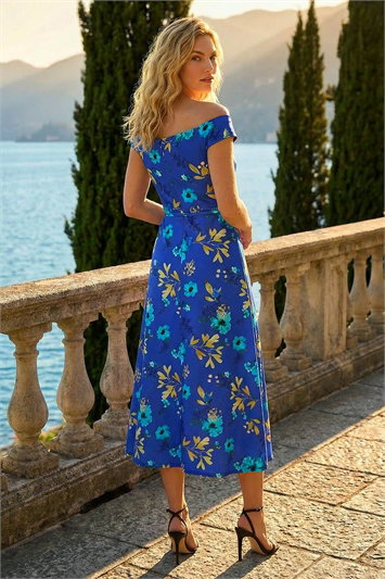 Floral Print Bardot Ruffle Stretch Dress 14676880