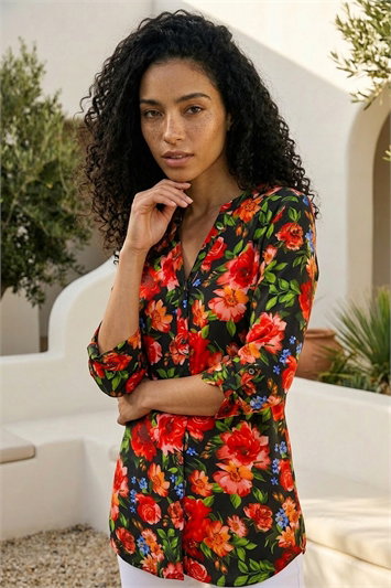 Red Floral Longline Button Top