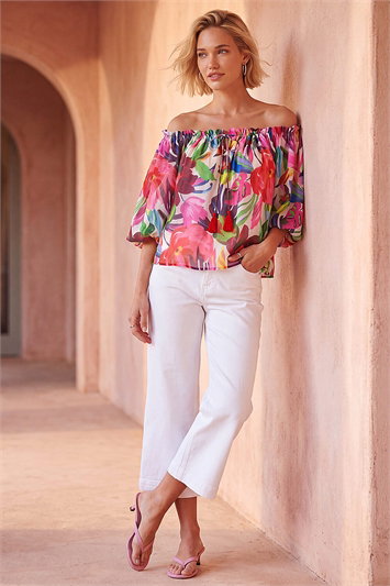 Floral Print Tie Front Bardot Top 20254672