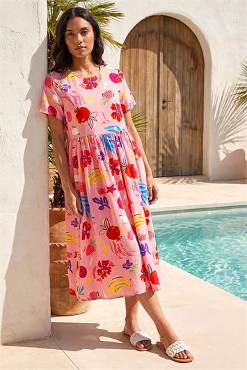Pink Fruit Print Pocket Midi Dress