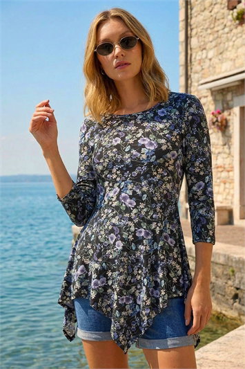 Purple Floral Print Asymmetric Stretch Top