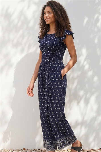 Blue Petite Frill Sleeve Jumpsuit