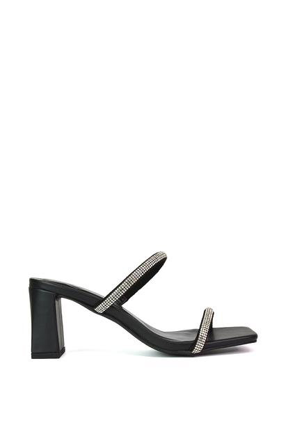 Black 'Holden' Diamante Strap Square Toe Mid Block Heel Sandal Mules