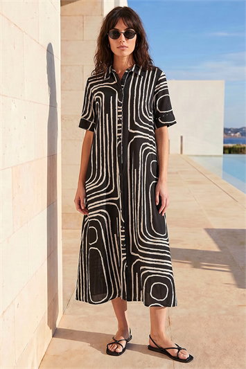 Abstract Print Midi Shirt Dress 14862308