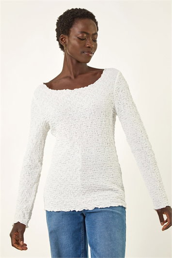 White Textured Bubble Crepe Lettuce Edge Top