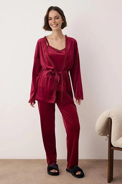 Blue Lace Trim Velvet Cami Belted Robe And Trouser 3-Piece Pyjama Set