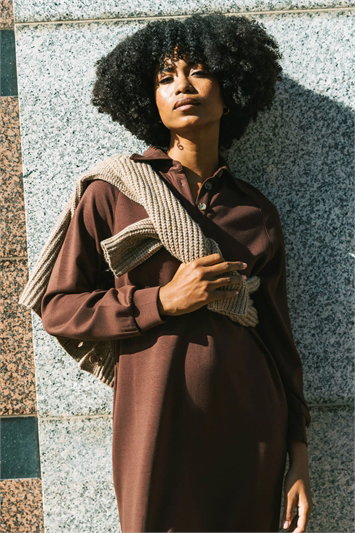 Brown Buttoned Collar Midi Dress