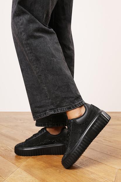 Black Eliane' Lace Up Trainer With Diamante Pattern