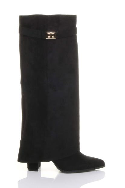 Black High Block Heel Pointed Toe Fold Over Knee Boots