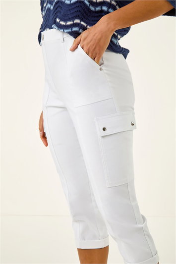 White Cropped Cargo Bengaline Trouser