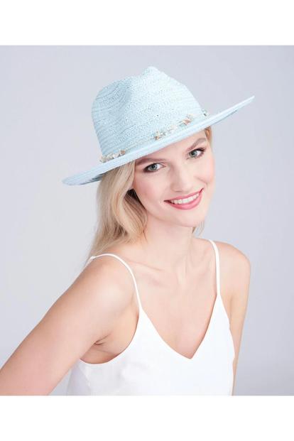 Multi Vera - Shell Beaded Straw Fedora - Light Turquoise
