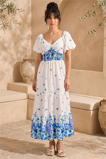 Blue Dusk Floral Print Puff Sleeve Midi Dress
