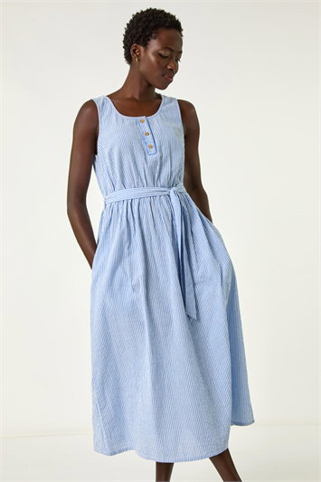 Blue Pinstripe Belted Midi Dress