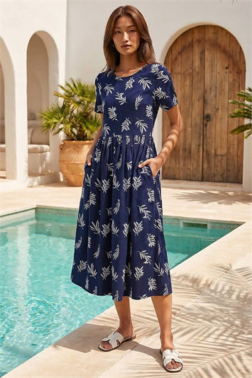 Leaf Print Smock Midi Dress 14899660
