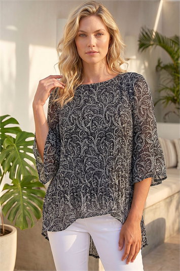 Black Floral Print Pleated Tunic