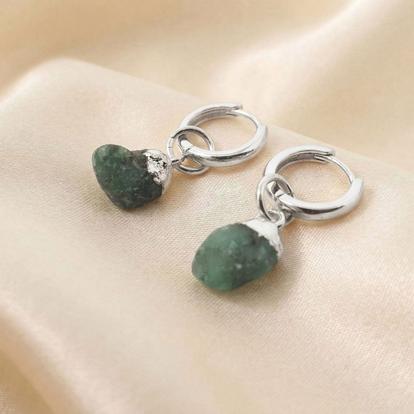 Metallic Raw Emerald May Birthstone Sterling Silver Huggies