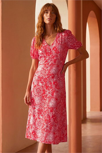 Red Floral Midi Tea Dress