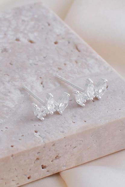 Metallic Sterling Silver Cz Leaf Studs