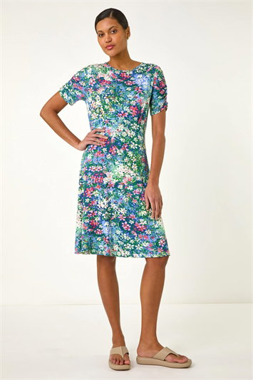 Green Ditsy Floral Print Stretch Short Dress