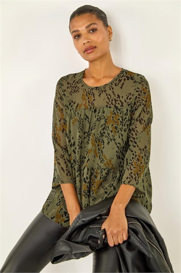 Green Speckled Print Tiered Top