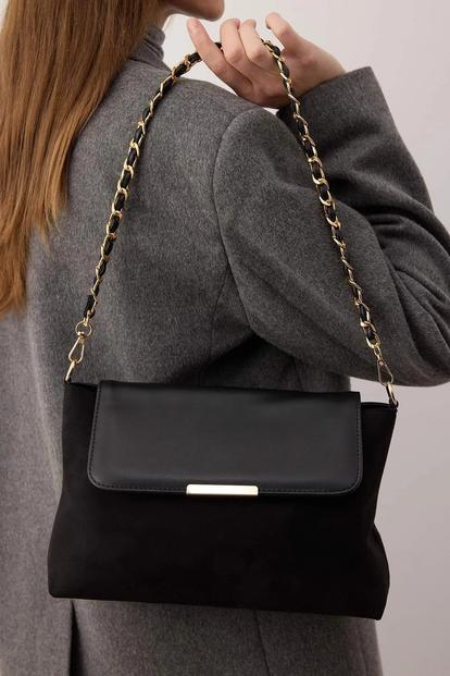 Black Women's Faux Suede Flap Clutch Bag With Woven Chain Strap