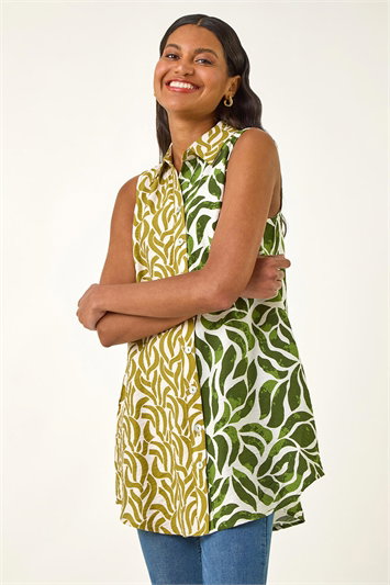 Green Leaf Print Button Longline Shirt