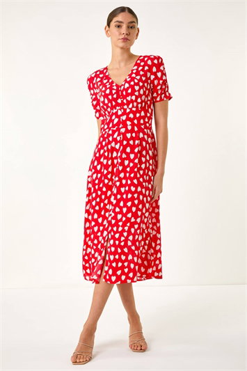 Heart Print Ruched Midi Dress 14671078