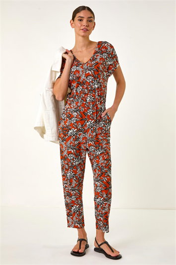 Red Floral Print V-Neck Stretch Jumpsuit