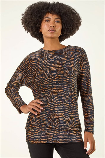 Brown Animal Print Bubble Hem Top