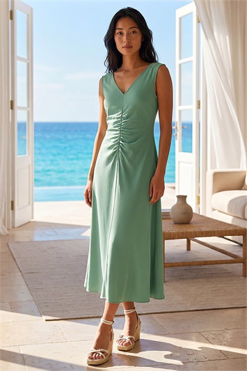 Petite V-Neck Ruched Stretch Midi Dress 14878582