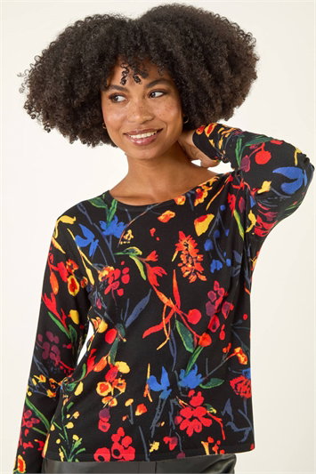 Black Floral Print Soft Knit Jumper