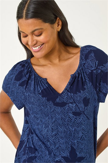 Blue Floral Print V-Neck Top