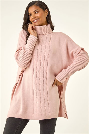 Multi Cable Knit Roll Neck Poncho Jumper