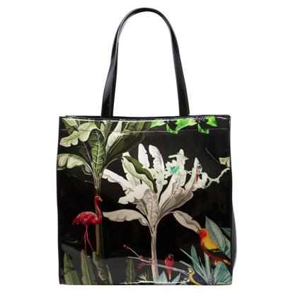 Black Glossy Tropical Print Tote Bag