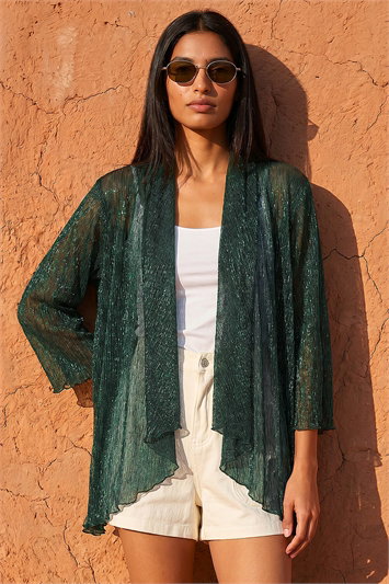 Green Plisse Print Metallic Foil Kimono
