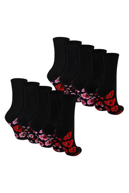 Multi 10 Pairs Ladies Poppy Footbed Socks - Soft Cotton Rich Floral Everyday Socks
